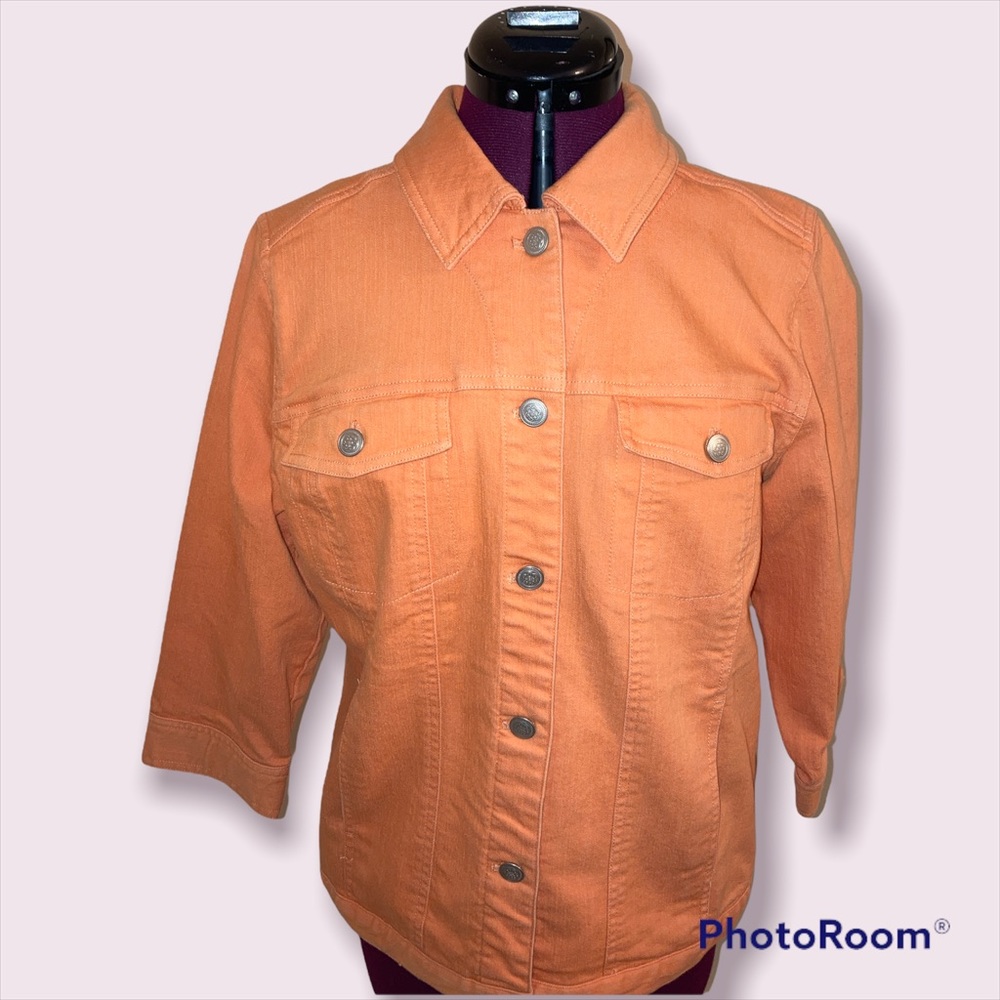Denim & Company size small, orange jean jacket. 3/4 button cuff sleeves